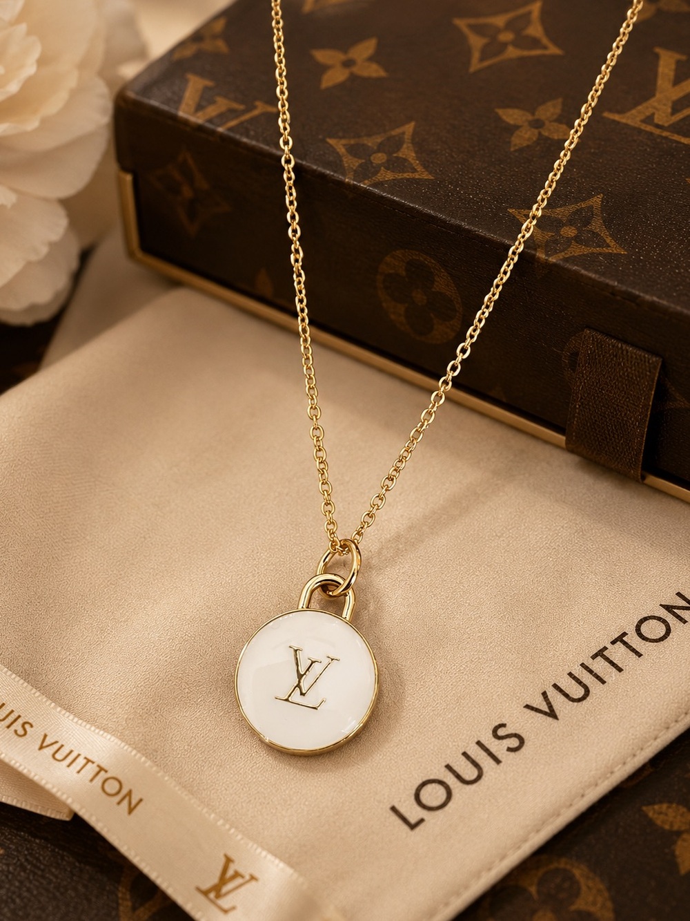 Gold & White LV Circle Pendant Necklace